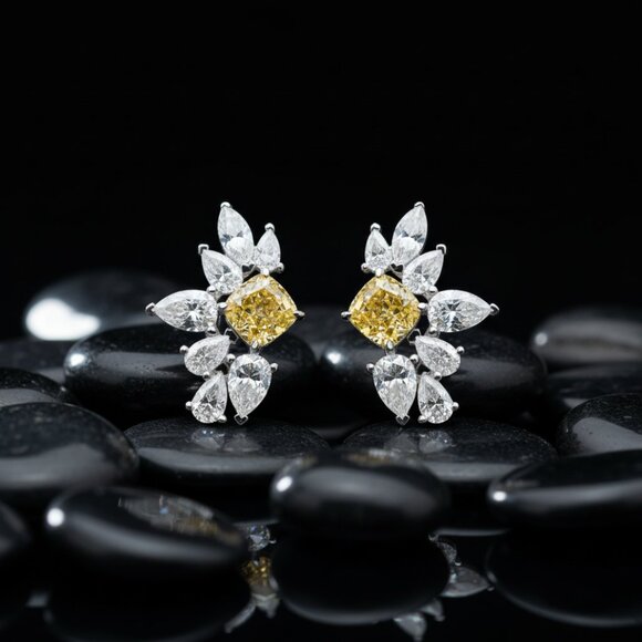 Cushion Cut Diamond 14K (or 18k upon request) Gold Marquise Earrings - Picture 3 of 4